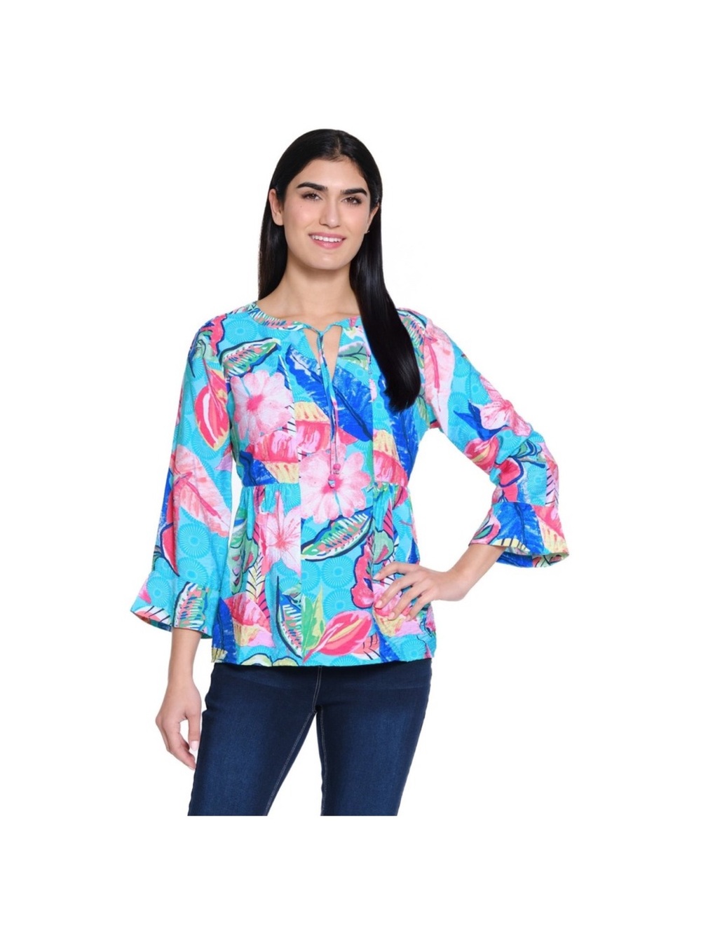 Ali Miles Aqua Floral Tie-Neck Bell Sleeve Blouse